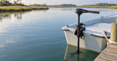 A black trolling motor is mounted on a light-gray skiff tied beside a wooden dock, with calm water and a grassy shoreline beyond.