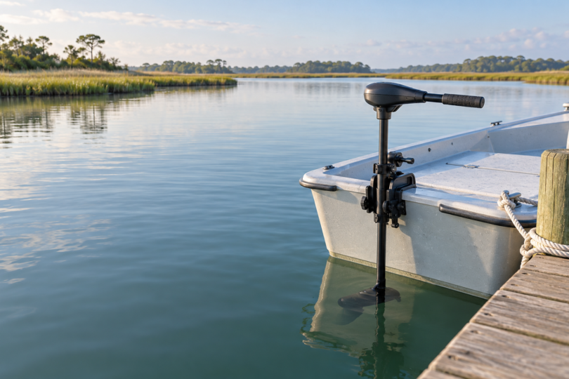 A black trolling motor is mounted on a light-gray skiff tied beside a wooden dock, with calm water and a grassy shoreline beyond.