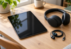A dark tablet rests on a wooden desk beside black over-ear headphones and coiled wired earbuds with a USB-C plug.