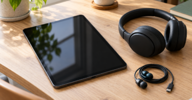 A dark tablet rests on a wooden desk beside black over-ear headphones and coiled wired earbuds with a USB-C plug.