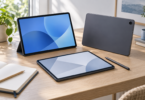 Three generic gray tablets on a wooden desk beside a stylus and open notebook.