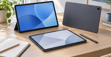 Three generic gray tablets on a wooden desk beside a stylus and open notebook.
