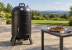 An unbranded black smoker on an open stone patio beside a table holding browned sausage links and metal tongs.
