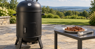 An unbranded black smoker on an open stone patio beside a table holding browned sausage links and metal tongs.