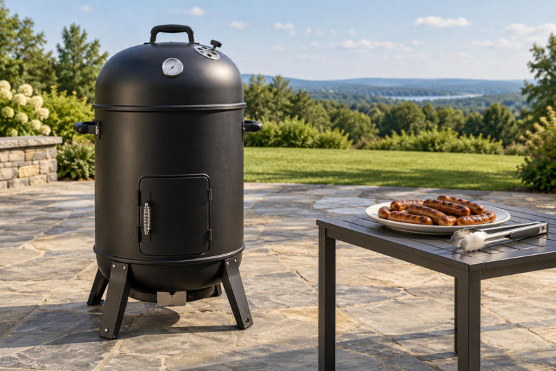An unbranded black smoker on an open stone patio beside a table holding browned sausage links and metal tongs.
