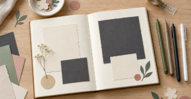 An open scrapbook with blank cream and charcoal paper, four unbranded pens, paper cutouts and decorative tape on a wooden table