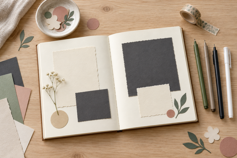 An open scrapbook with blank cream and charcoal paper, four unbranded pens, paper cutouts and decorative tape on a wooden table