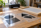 Transparent film sheets with black geometric artwork beside a mesh screen frame on a printmaking worktable.