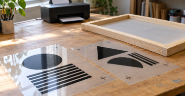 Transparent film sheets with black geometric artwork beside a mesh screen frame on a printmaking worktable.