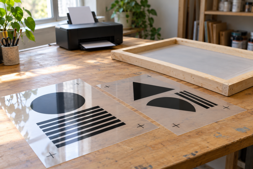 Transparent film sheets with black geometric artwork beside a mesh screen frame on a printmaking worktable.