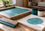 A wooden screen-printing frame, squeegee and plain ink jars beside cloth printed with a teal circle.