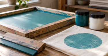 A wooden screen-printing frame, squeegee and plain ink jars beside cloth printed with a teal circle.