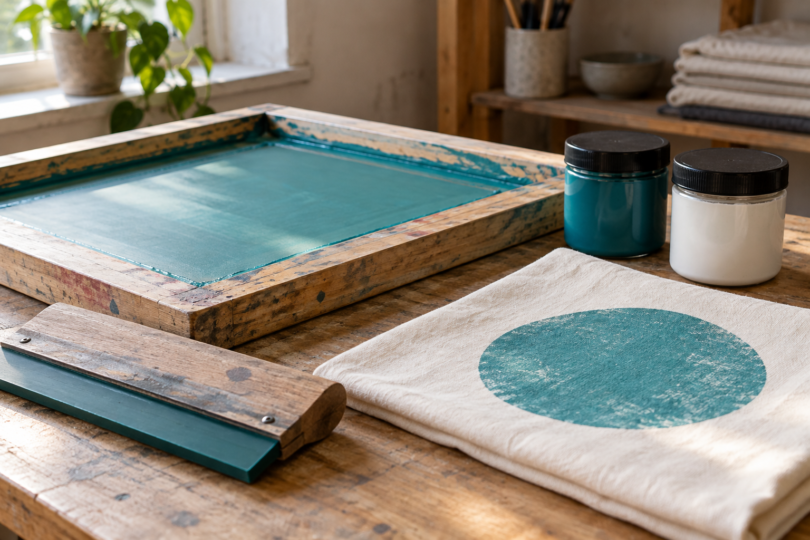 A wooden screen-printing frame, squeegee and plain ink jars beside cloth printed with a teal circle.