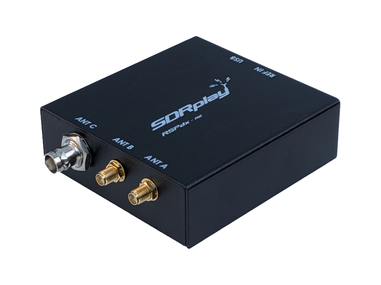 SDRplay RSPdx-R2 receiver showing two SMA and one BNC antenna connectors