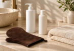 Two plain white bottles sit beside a brown tanning mitt and a folded cream towel on a beige bathroom counter.