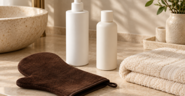 Two plain white bottles sit beside a brown tanning mitt and a folded cream towel on a beige bathroom counter.