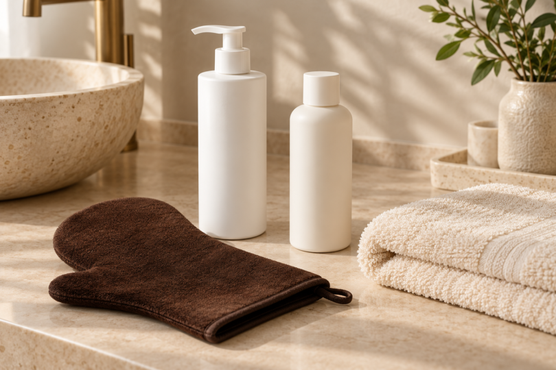 Two plain white bottles sit beside a brown tanning mitt and a folded cream towel on a beige bathroom counter.