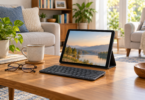 An unbranded tablet in a folio stand sits on a wooden living-room table beside a compact keyboard, reading glasses and a mug.