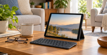 An unbranded tablet in a folio stand sits on a wooden living-room table beside a compact keyboard, reading glasses and a mug.