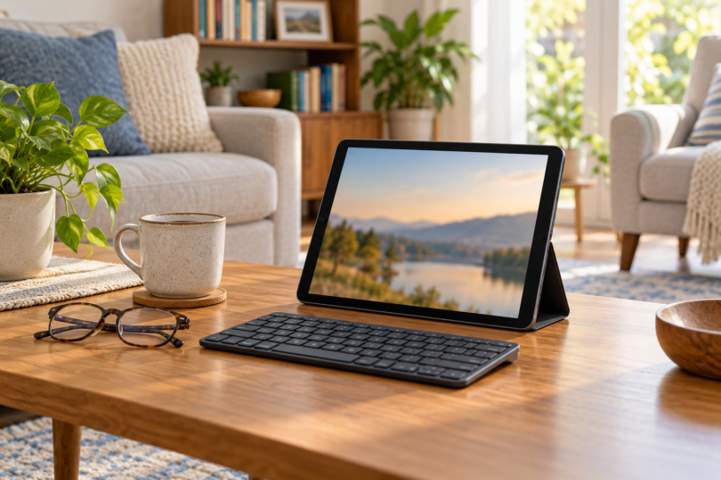 An unbranded tablet in a folio stand sits on a wooden living-room table beside a compact keyboard, reading glasses and a mug.