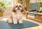 Illustration of a Shih Tzu on a floor mat beside a shelf with an idle clipper and grooming combs
