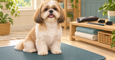 Illustration of a Shih Tzu on a floor mat beside a shelf with an idle clipper and grooming combs