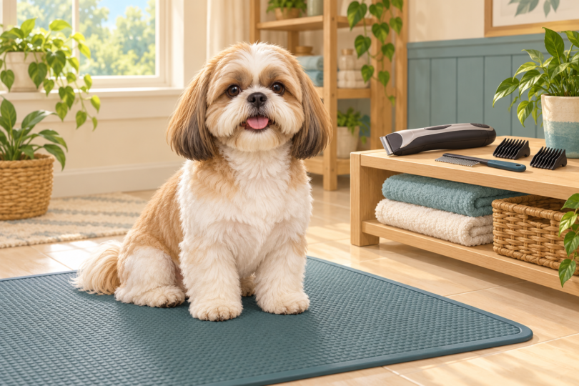 Illustration of a Shih Tzu on a floor mat beside a shelf with an idle clipper and grooming combs