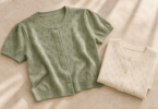 A sage short-sleeve eyelet cardigan beside a folded cream cardigan on a pale stone surface.