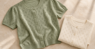 A sage short-sleeve eyelet cardigan beside a folded cream cardigan on a pale stone surface.
