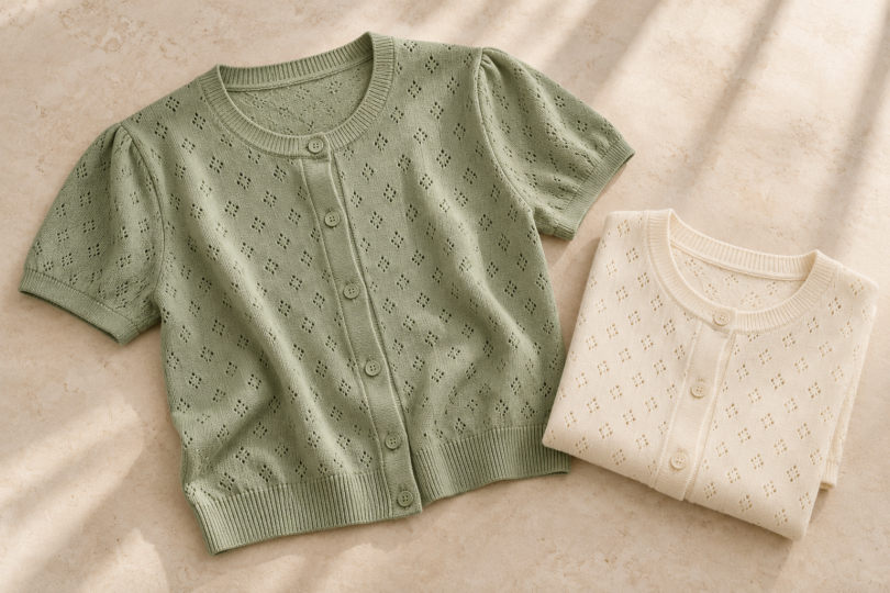 A sage short-sleeve eyelet cardigan beside a folded cream cardigan on a pale stone surface.