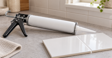 An unbranded caulking gun with a plain white cartridge beside white ceramic tile samples.