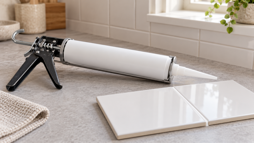 An unbranded caulking gun with a plain white cartridge beside white ceramic tile samples.
