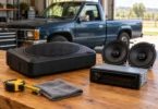 Compact car-audio components, two round speakers and a receiver on a workbench, with a pickup in the background