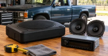 Compact car-audio components, two round speakers and a receiver on a workbench, with a pickup in the background