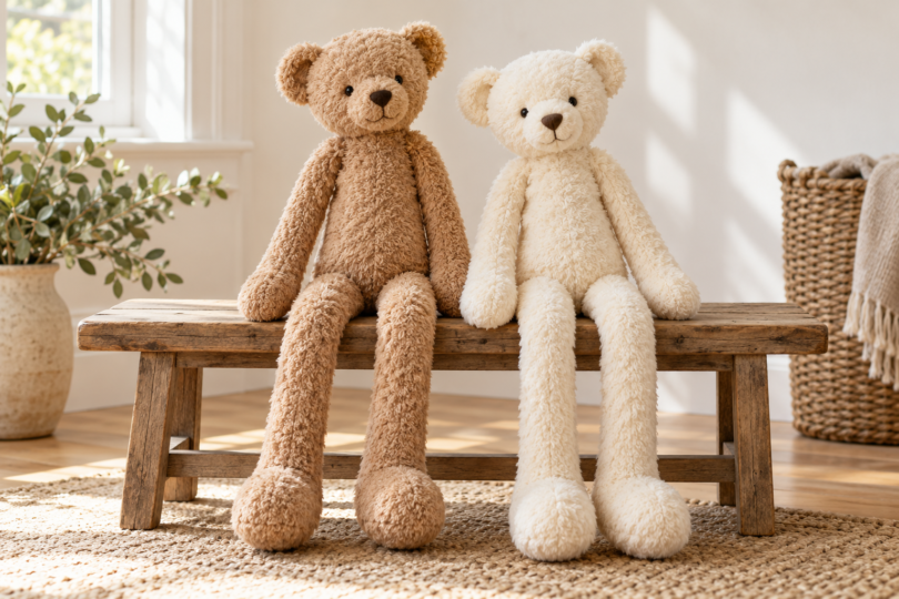 Tan and cream long-limbed teddy bears sitting on a wooden bench.