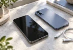 Two generic unbranded smartphones on a pale tabletop beside a charging cable