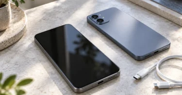 Two generic unbranded smartphones on a pale tabletop beside a charging cable