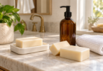 Three cream soap bars, an amber pump bottle and a folded white washcloth on a pale bathroom counter.