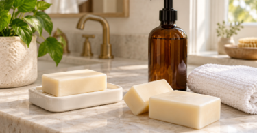Three cream soap bars, an amber pump bottle and a folded white washcloth on a pale bathroom counter.