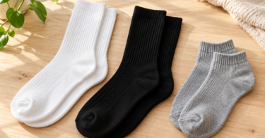 Three pairs of plain white, black and grey knit socks arranged on a wooden table.