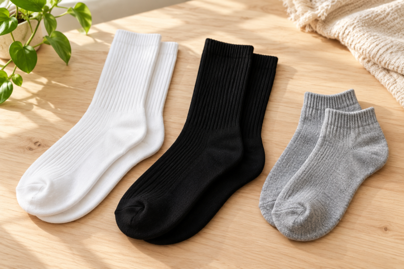 Three pairs of plain white, black and grey knit socks arranged on a wooden table.
