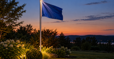 A blue flag on a silver pole with a small light beneath the finial at dusk.