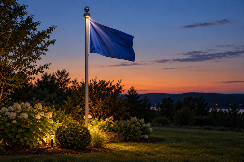 A blue flag on a silver pole with a small light beneath the finial at dusk.