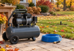 An unbranded wheeled air compressor and disconnected coiled hose on a garden path beside an autumn lawn, with safety glasses on a workbench.