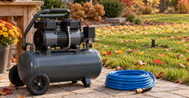 An unbranded wheeled air compressor and disconnected coiled hose on a garden path beside an autumn lawn, with safety glasses on a workbench.