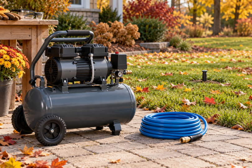 An unbranded wheeled air compressor and disconnected coiled hose on a garden path beside an autumn lawn, with safety glasses on a workbench.