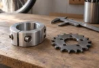 A generic metal hub clamp and separate sprocket on a workbench with a caliper behind them