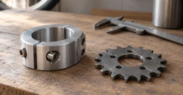 A generic metal hub clamp and separate sprocket on a workbench with a caliper behind them