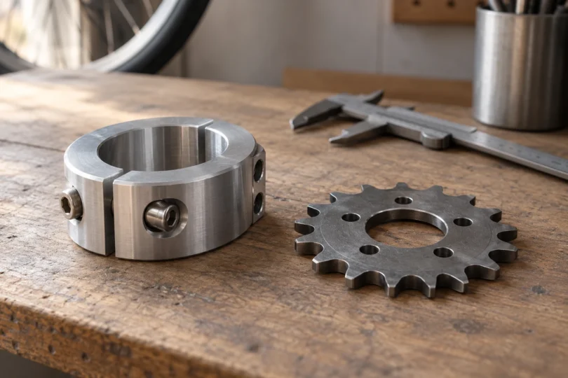 A generic metal hub clamp and separate sprocket on a workbench with a caliper behind them