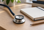Close-up of a metal stethoscope chestpiece and dark tubing beside a notebook and pencil.